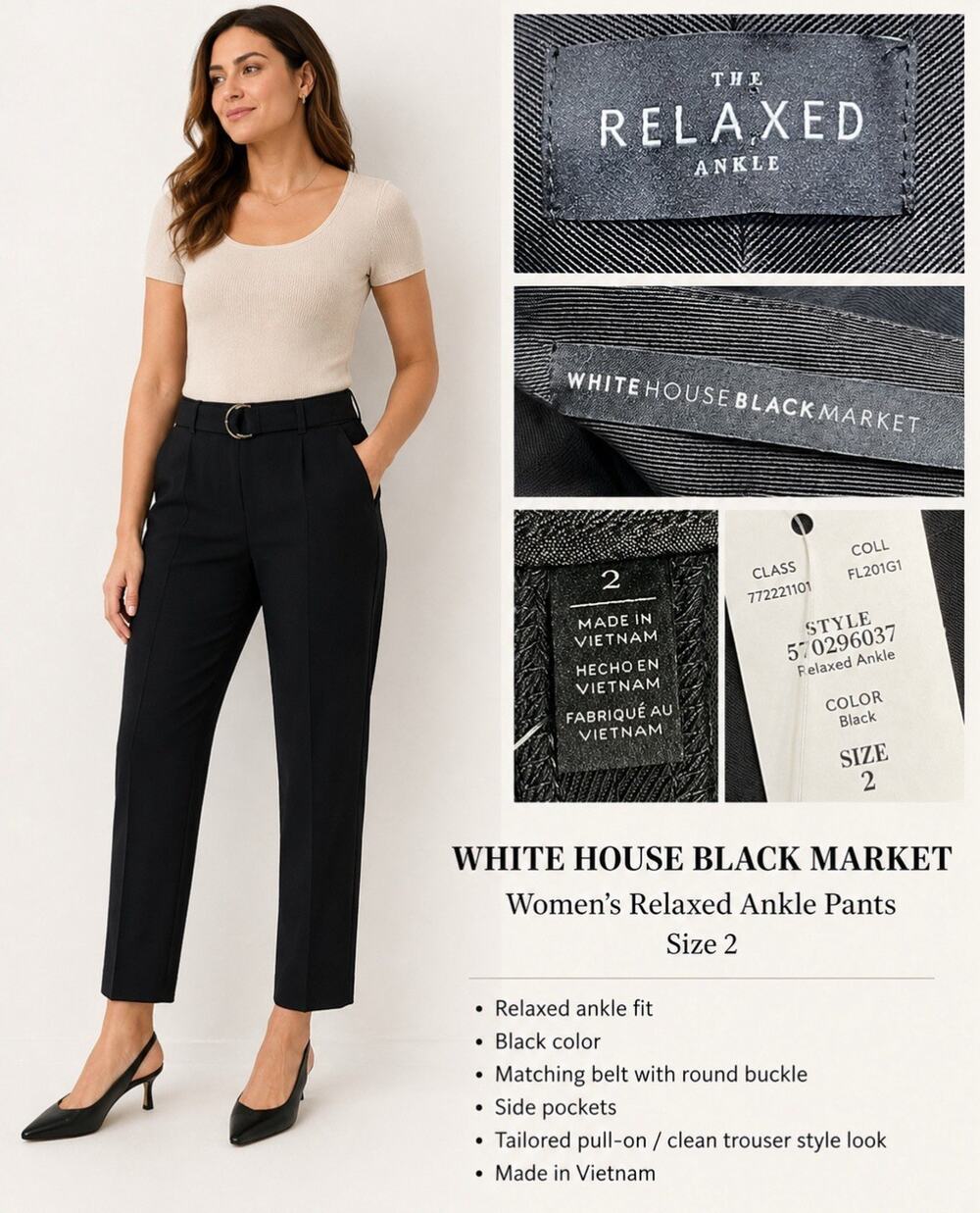 NWT Preppy Career Business Casual WHBM Relaxed Ankle Pants Size 2 Black Trouser